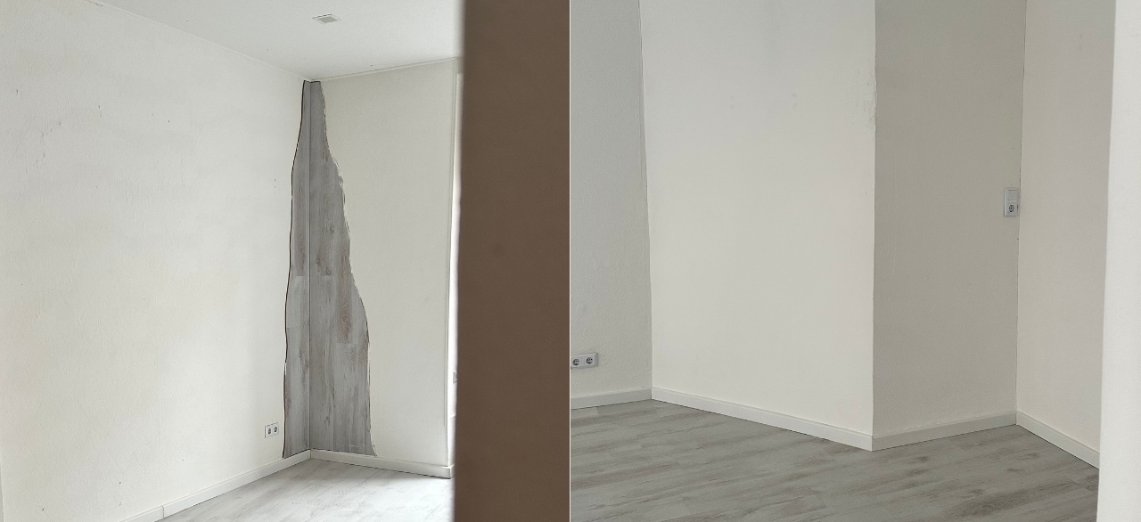Zwei Fotos eines leeren Workshopraums in Aschaffenburg, am Anfang der Renovierung
