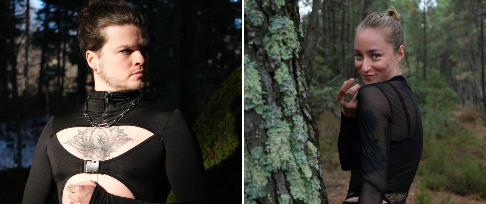 Fotos von Alex Fae und Lina Orlando im Wald, die ein Spiel von Dominanz und Hingabe suggerieren